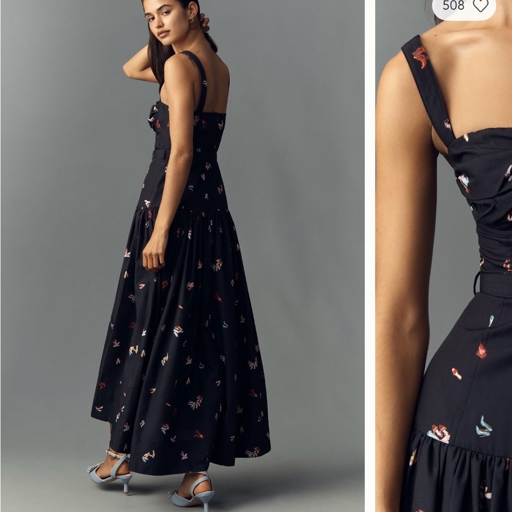 NWT En Saison Belted Drop Waist Black Midi Dress with playful heel pattern - Picture 2 of 12
